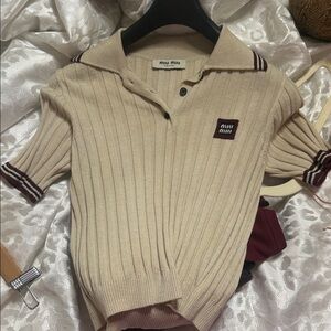 Beige Ribbed Knit Polo